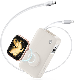 RORRY,モバイルバッテリー,10000mAh,30W急速充電,アップルウォッチ充電,2本巻き取り式ケーブル内蔵,Lightning用,Type-C,apple watch,モバイルバッテリー,入出力両対応ケーブル